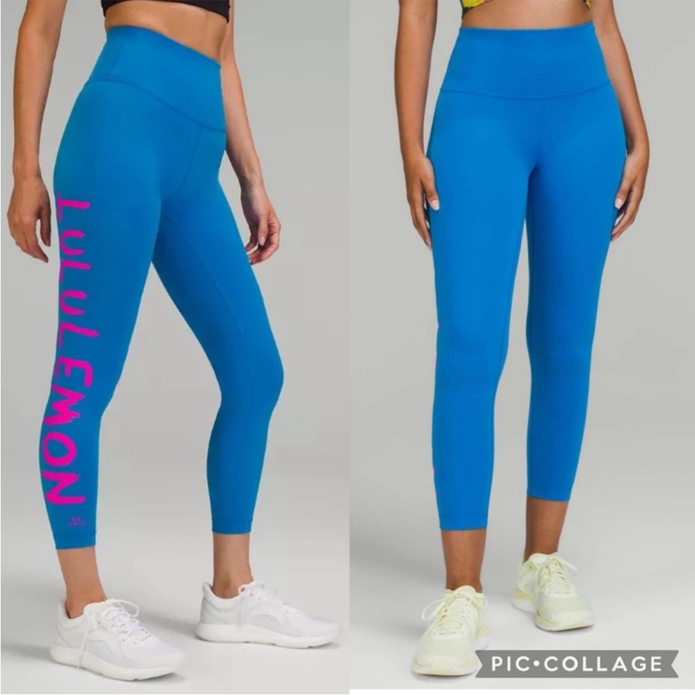 lululemon athletica Blue Leggings with Pink Logo